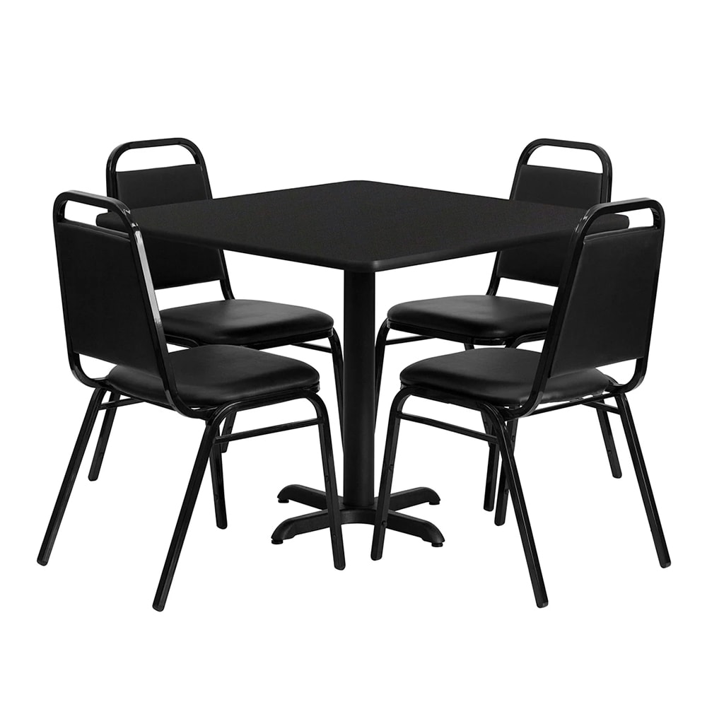 MoTak M133 36" Square Table w/ (4) Banquet Chairs - Black Laminate Top, Black Powder Coated Cast Iron Base