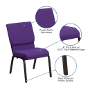 MoTak M138 Stackable Church Chair - Gold Steel Frame w/ Purple Polyester Back & Seat thumbnail 3