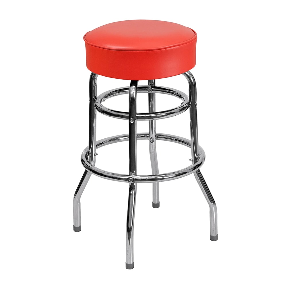 MoTak M139 Backless Swivel Bar Stool - Chrome w/ Red Vinyl Seat