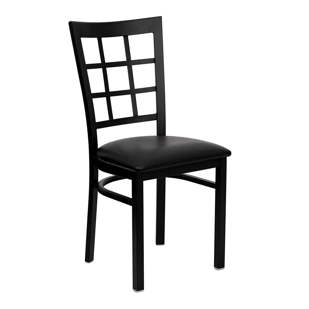 MoTak M141 Restaurant Chair w/ Window Pane Back - Black Vinyl Seat w/ Black Powder Coated Steel Frame