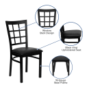 MoTak M141 Restaurant Chair w/ Window Pane Back - Black Vinyl Seat w/ Black Powder Coated Steel Frame thumbnail 3