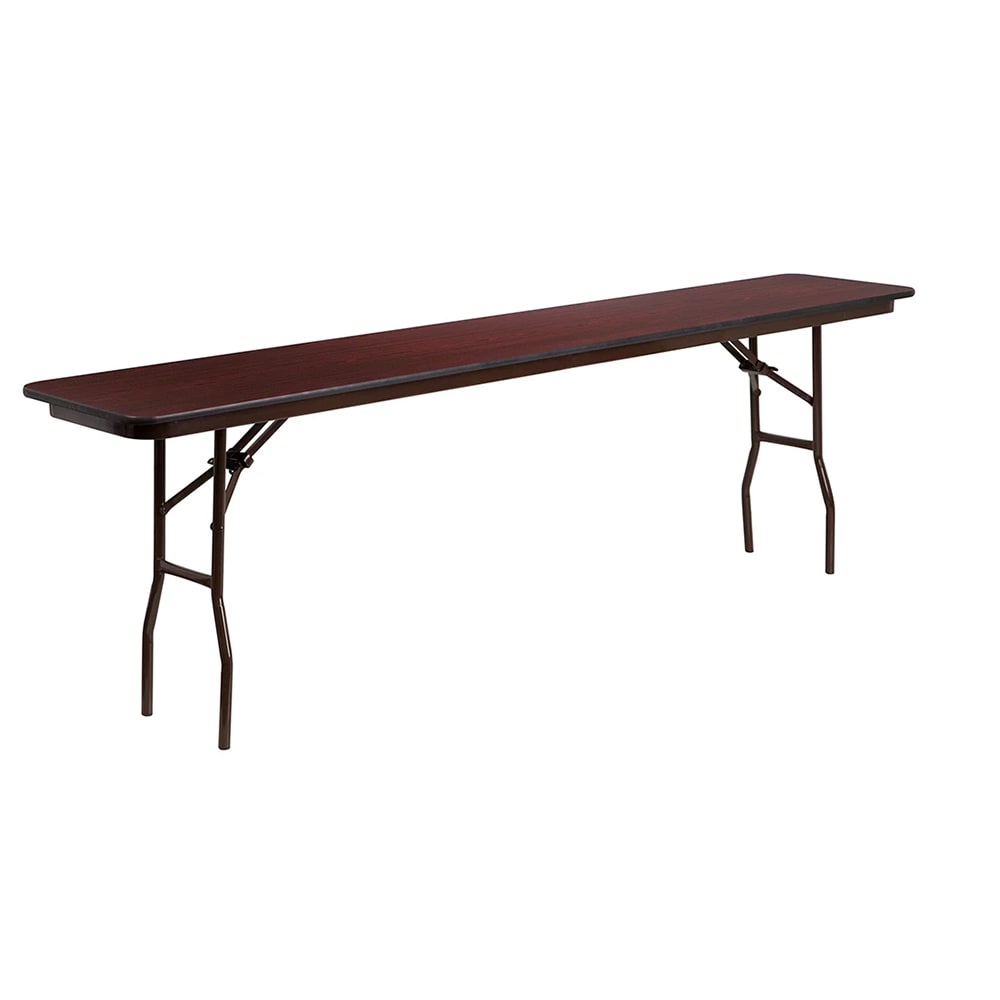 MoTak M143 96" x 18" Rectangular Folding Table - High Pressure Mahogany Laminate Top w/ Pedestal Legs