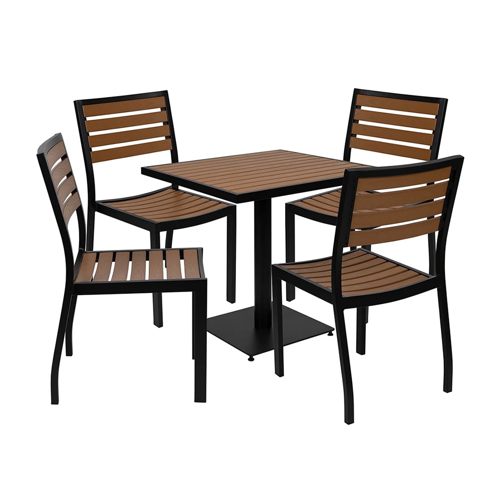 MoTak M171 Outdoor Patio Table w/ (4) Chairs - Brown Resin Wood w/ Black Powder Coated Aluminum Frame
