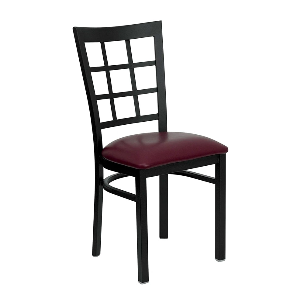 MoTak M172 Restaurant Chair w/ Window Pane Back - Burgundy Vinyl Seat w/ Black Powder Coated Steel Frame