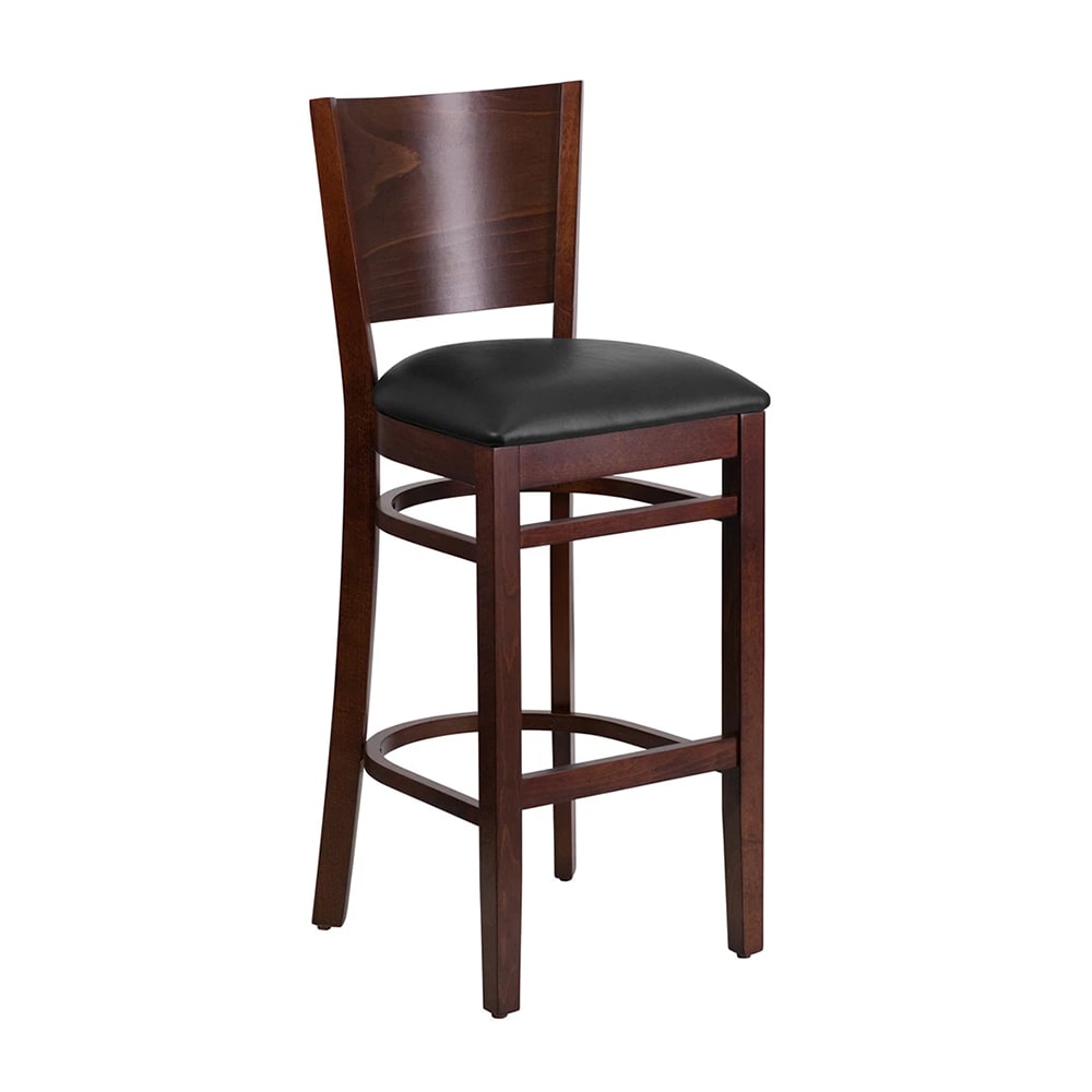 MoTak M178 Bar Stool w/ Solid Walnut Wood Back, Black Vinyl Seat