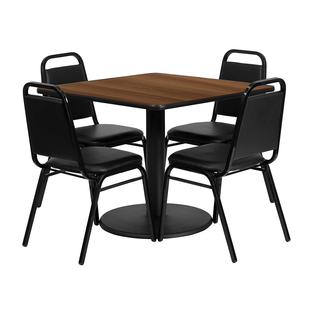 MoTak M183 36" Square Table w/ (4) Banquet Chairs - Walnut Laminate Top, Black Powder Coated Cast Iron Base