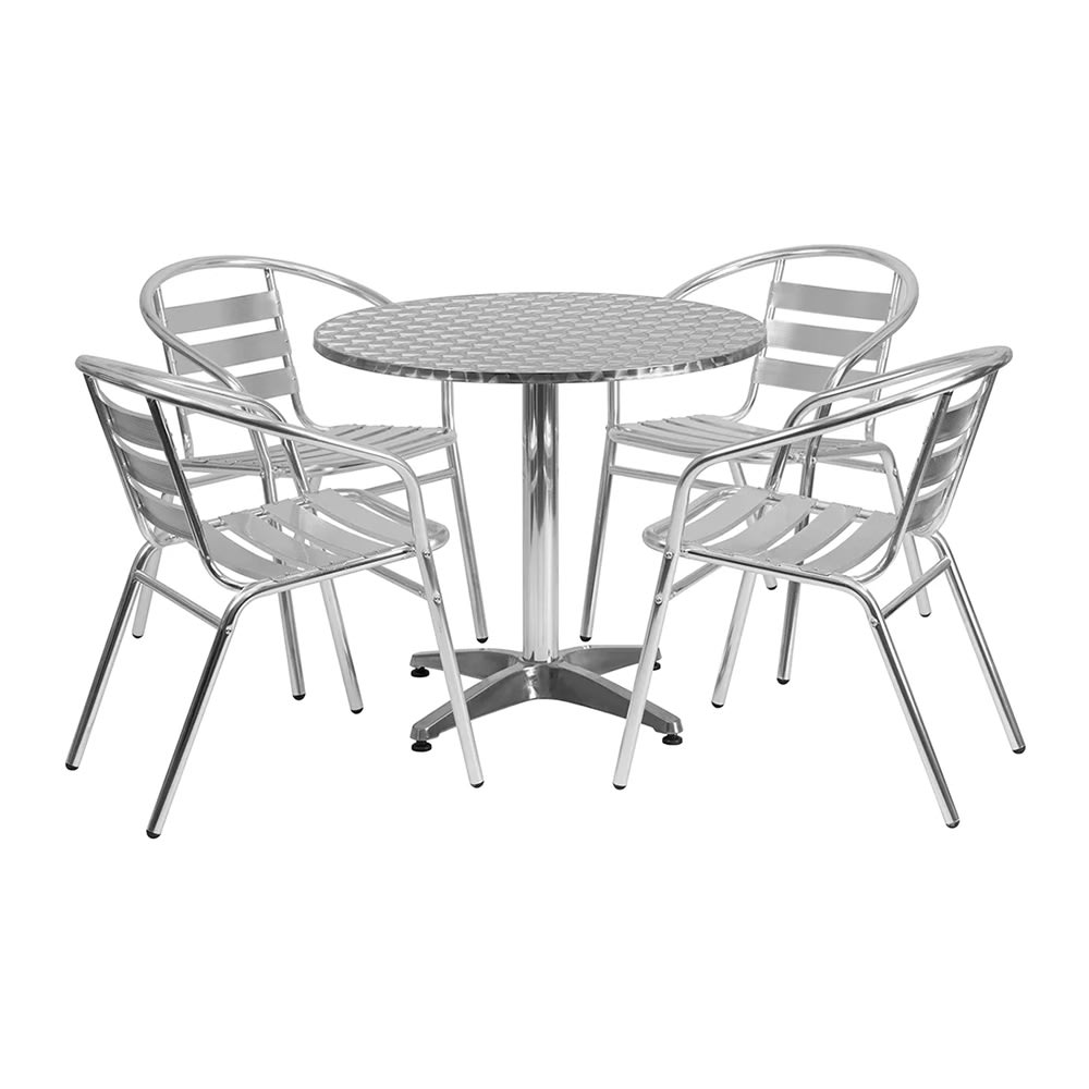 MoTak M188 31 1/2" Round Patio Table w/ (4) Arm Chairs - Smooth Stainless Steel Top, Aluminum Column & Base