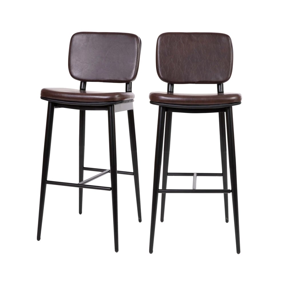 MoTak M194 Bar Stool w/ Black Powder Coated Iron Frame, Brown LeatherSoft Upholstered Back & Seat