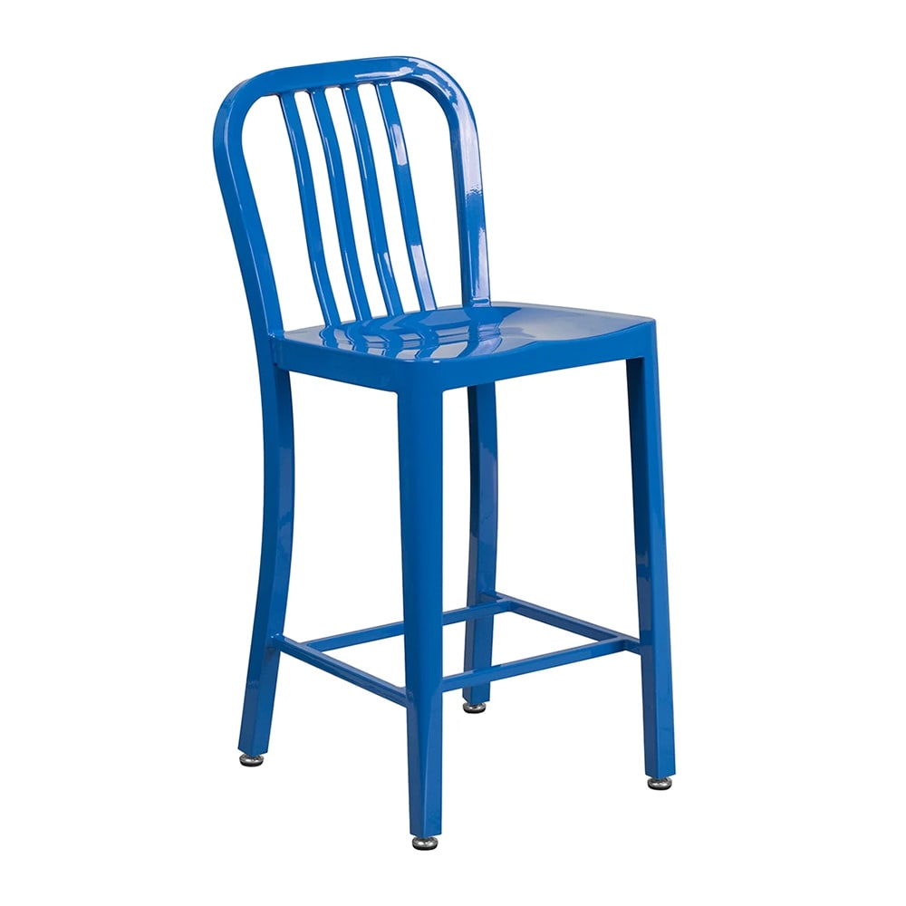 MoTak M198 Counter Height Bar Stool w/ Vertical Slat Back - Powder Coated Steel, Blue
