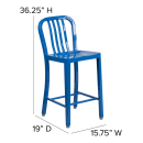 MoTak M198 Counter Height Bar Stool w/ Vertical Slat Back - Powder Coated Steel, Blue thumbnail 2