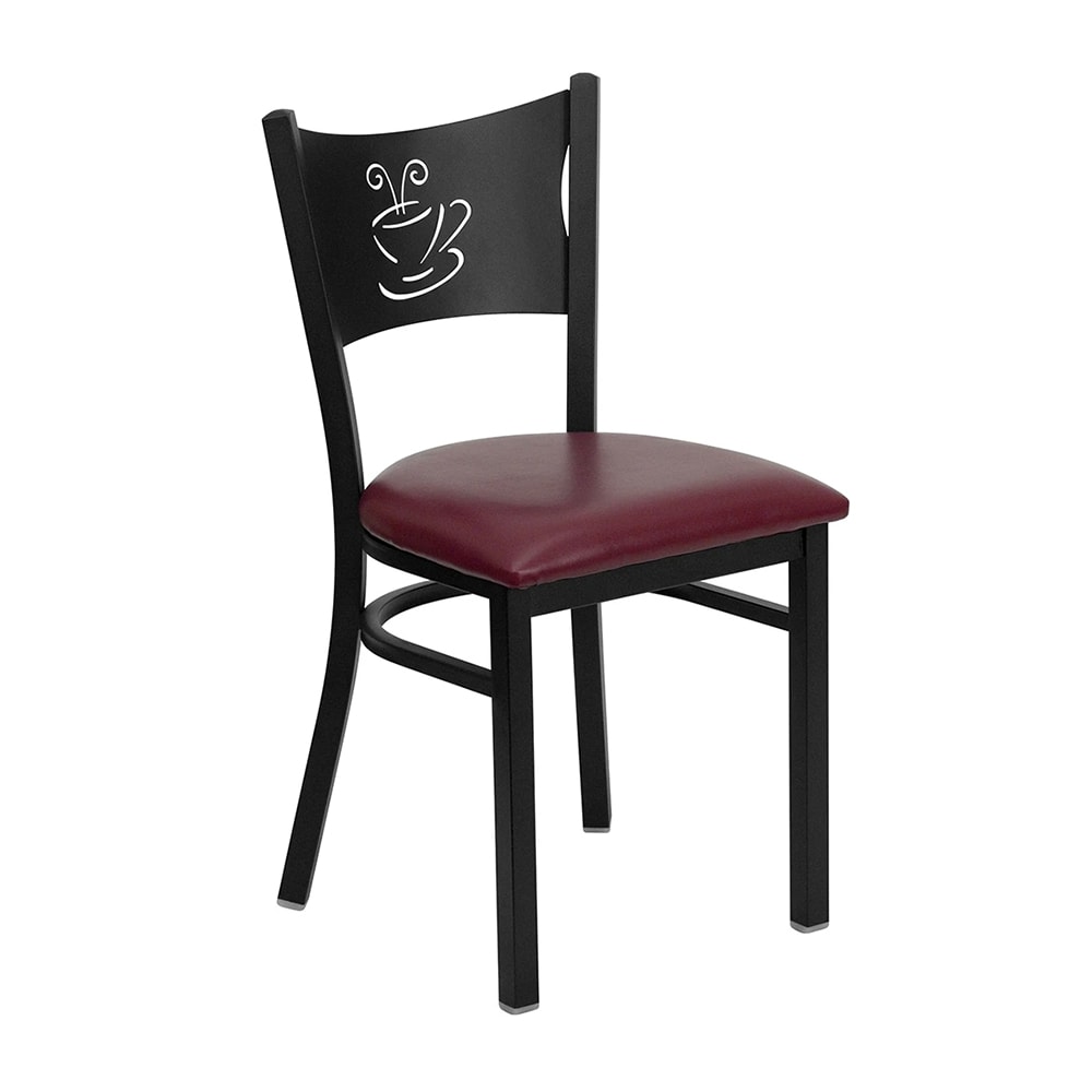 MoTak M203 Restaurant Chair w/ Coffee Cutout - Black Powder Coated Steel Frame w/ Burgundy Vinyl Seat