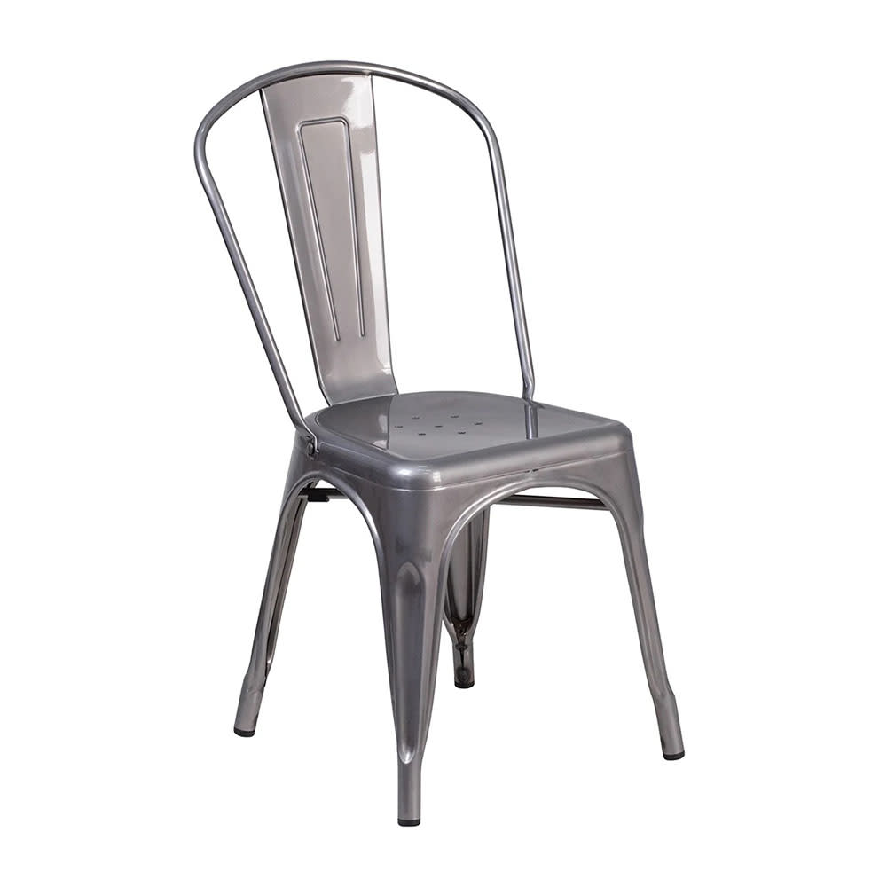 MoTak M205 Stackable Side Chair w/ Vertical Slat Back - Distressed Silver Powder Coated Metal, Indoor/Outdoor