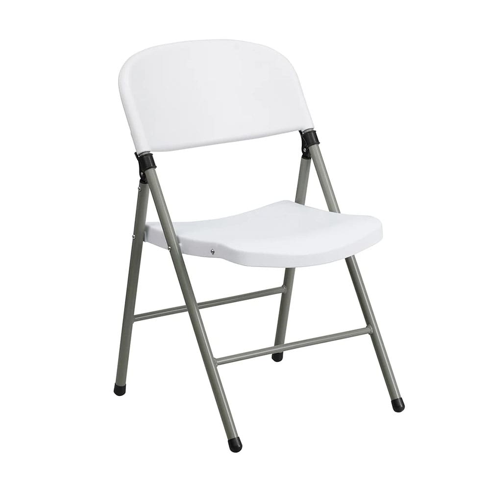 MoTak M209 Indoor/Outdoor Folding Chair - White Plastic Back & Seat w/ Gray Steel Frame