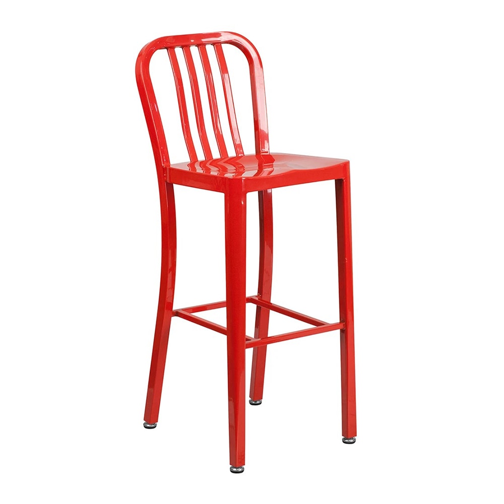 MoTak M212 Bar Stool w/ Vertical Slat Back - Powder Coated Steel, Red