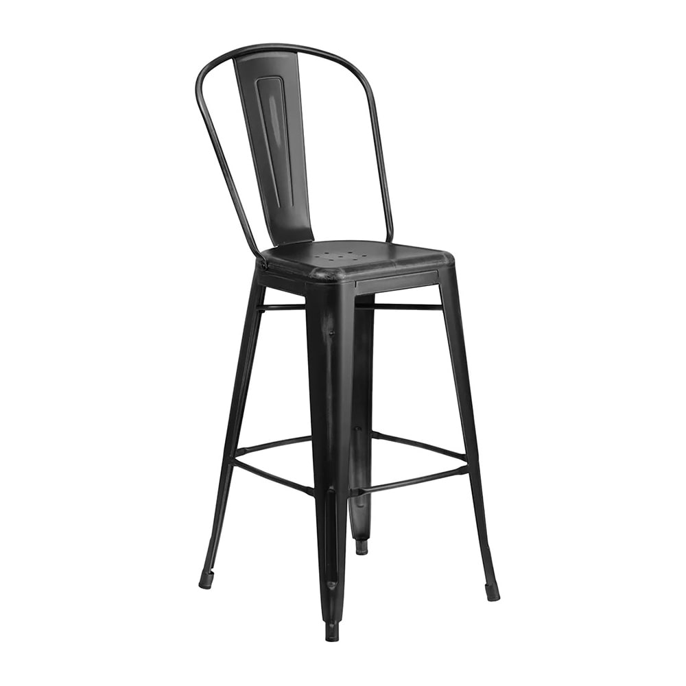 MoTak M213 Bar Stool w/ Curved Back - Powder Coated Steel, Distressed Black