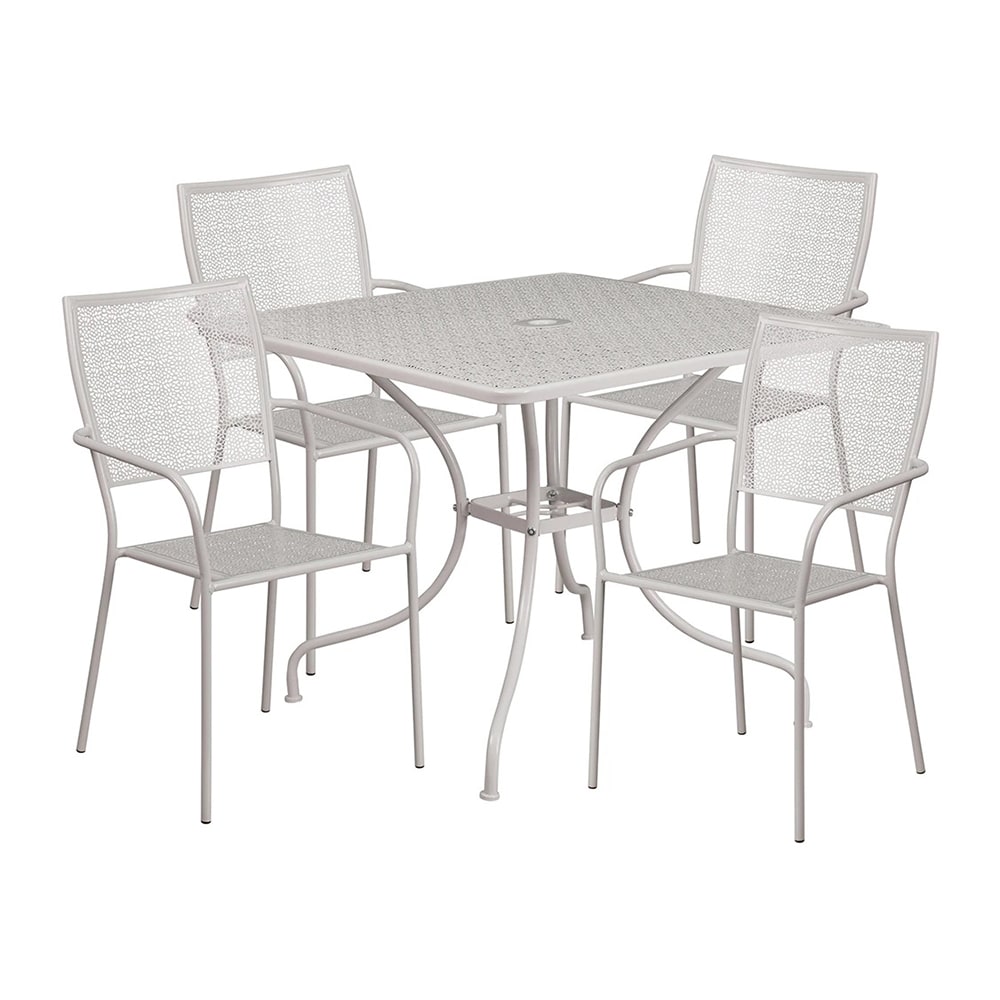 MoTak M215 35 1/4" Square Patio Table w/ (4) Square Back Arm Chairs - Steel, Light Gray w/ Rainflower Design