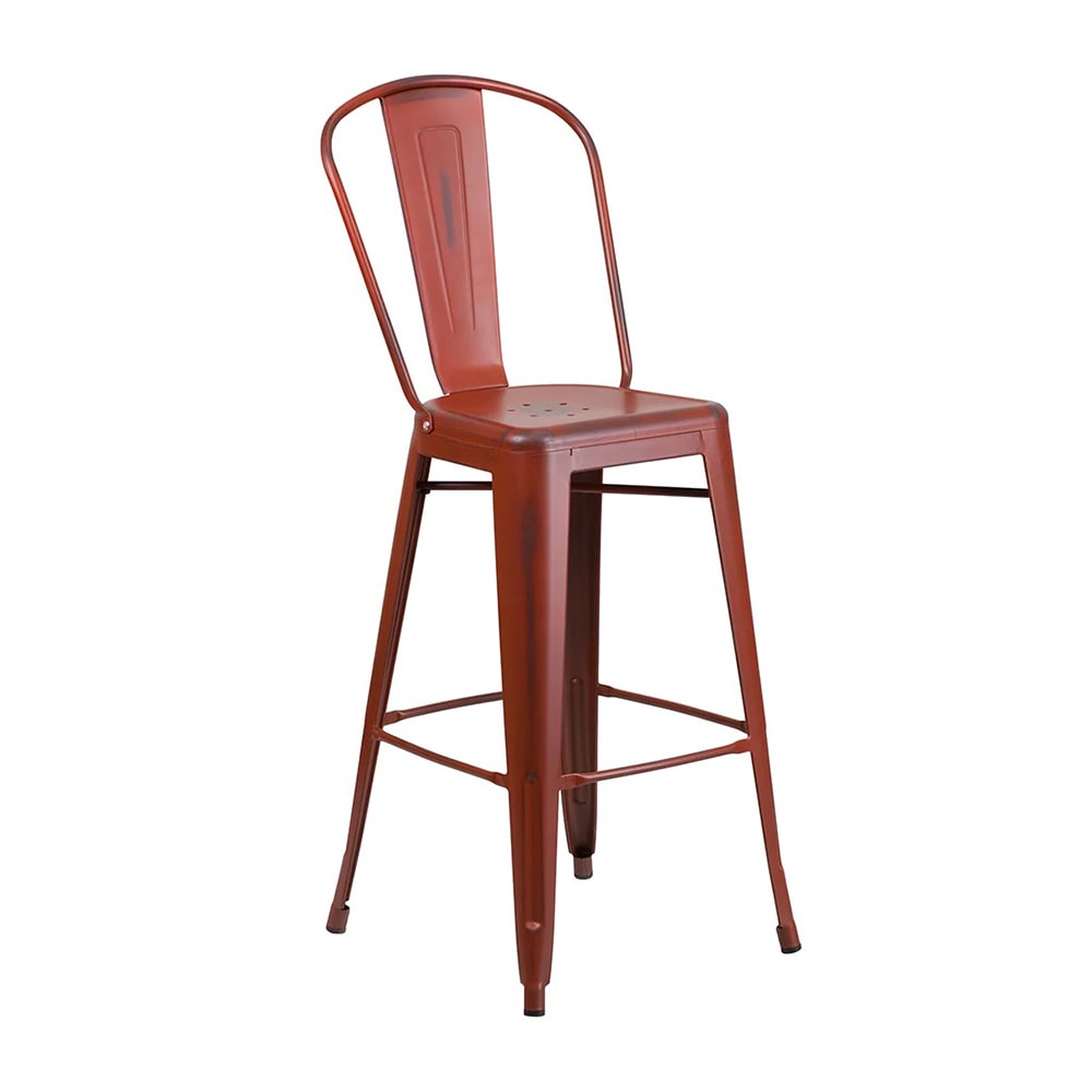 MoTak M216 Bar Stool w/ Curved Back - Powder Coated Steel, Distressed Kelly Red