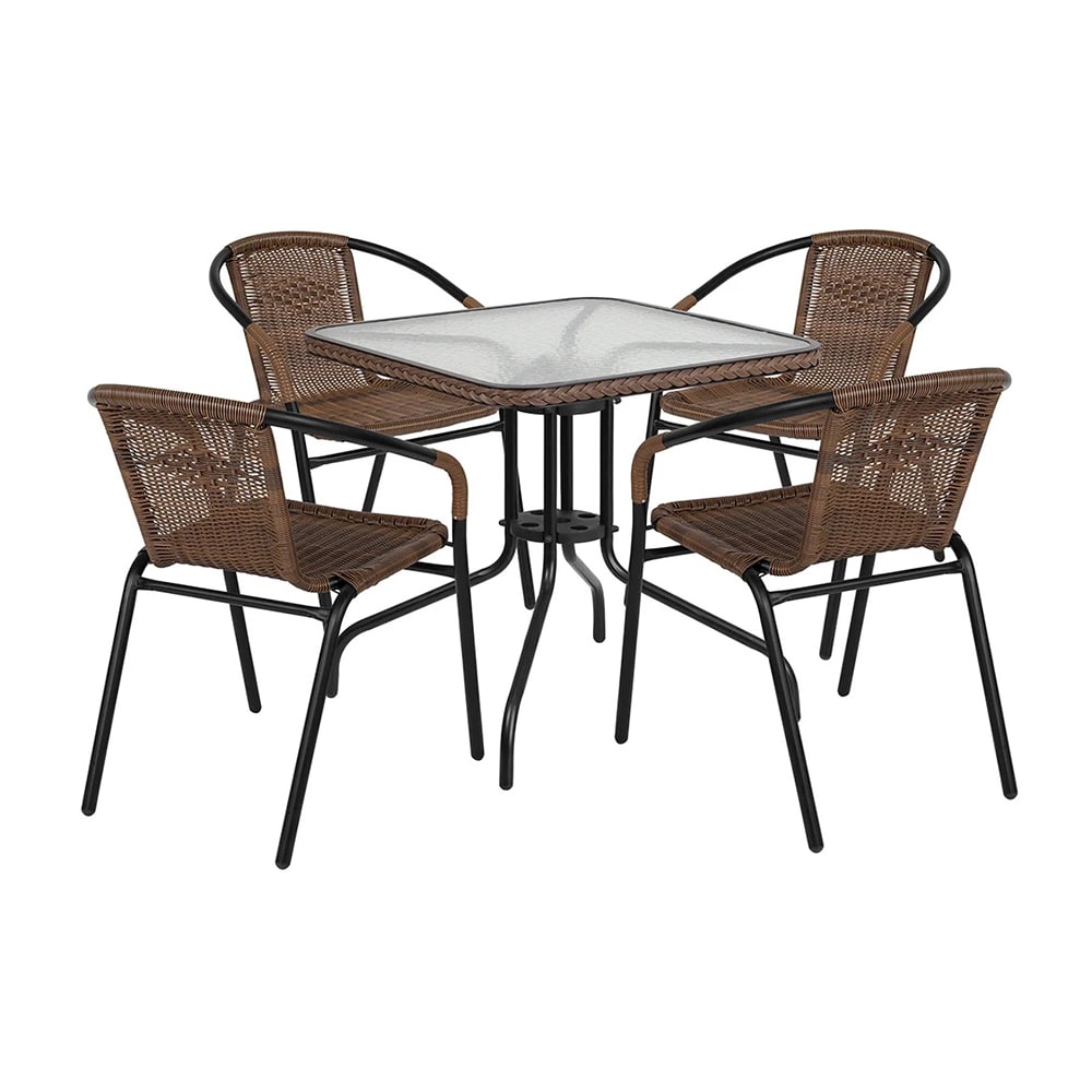 MoTak M226 28" Square Patio Table w/ (4) Brown Rattan Arm Chairs - Glass Top, Black Powder Coated Metal Base