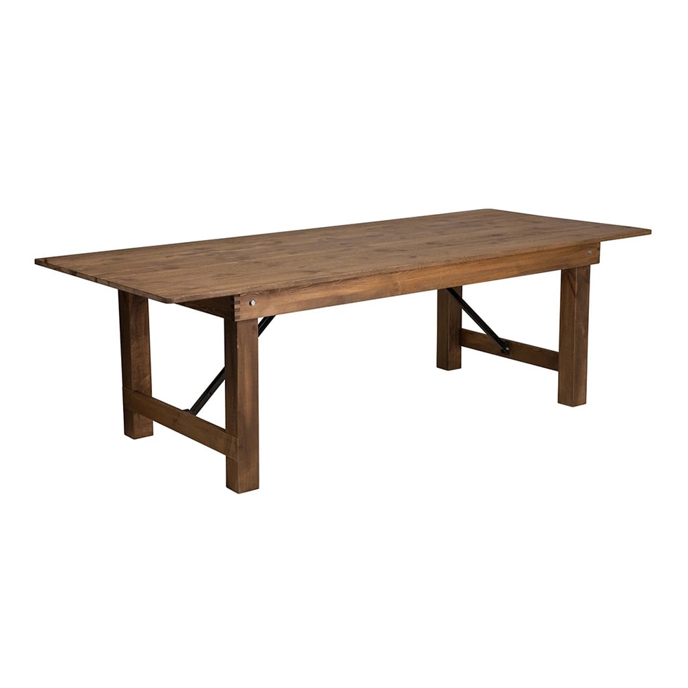 MoTak M227 Rectangular Folding Farm Table - Rustic Plank Top, Wood Legs & Black Steel Posts, 96"W x 40"D x 30"H