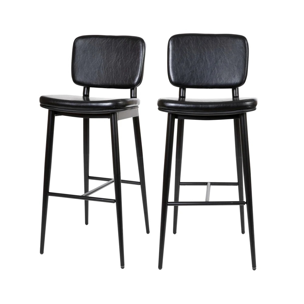 MoTak M240 Bar Stool w/ Black Powder Coated Iron Frame, Black LeatherSoft Upholstered Back & Seat