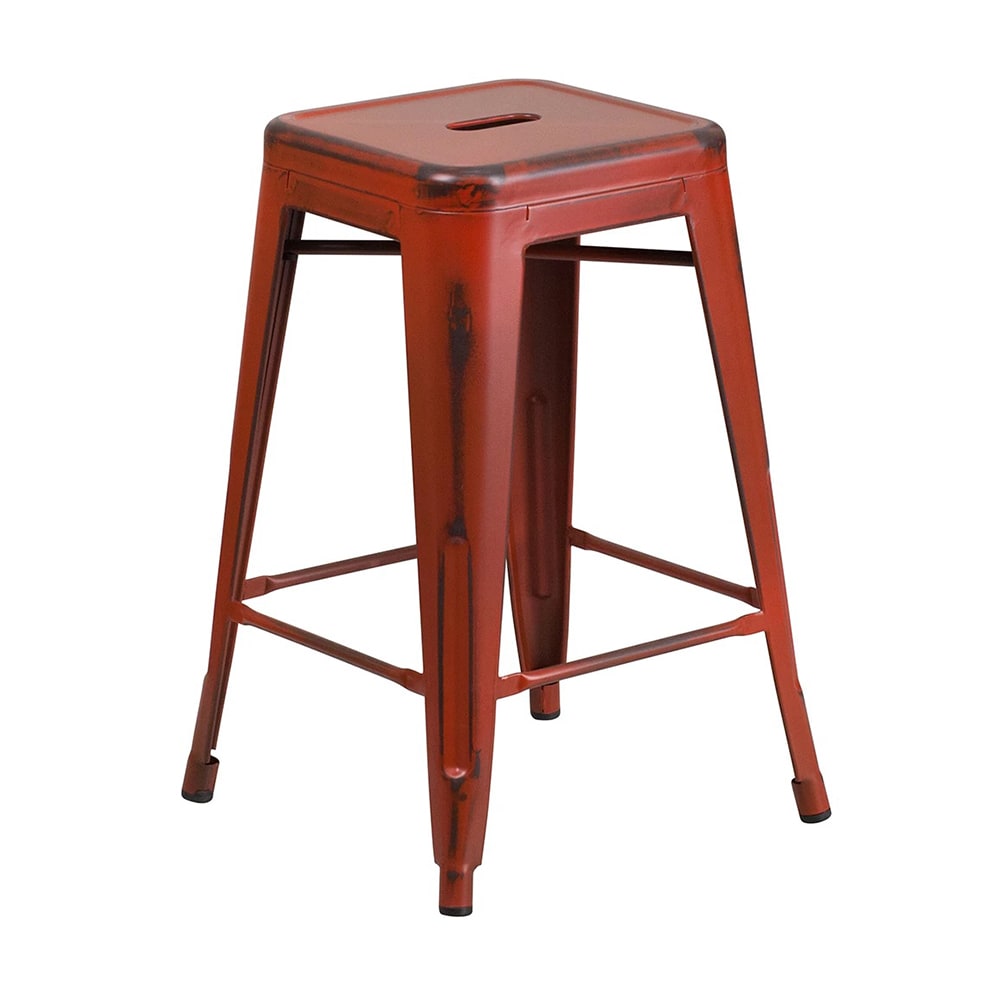 MoTak M243 Counter Height Backless Bar Stool - Power Coated Steel, Distressed Kelly Red