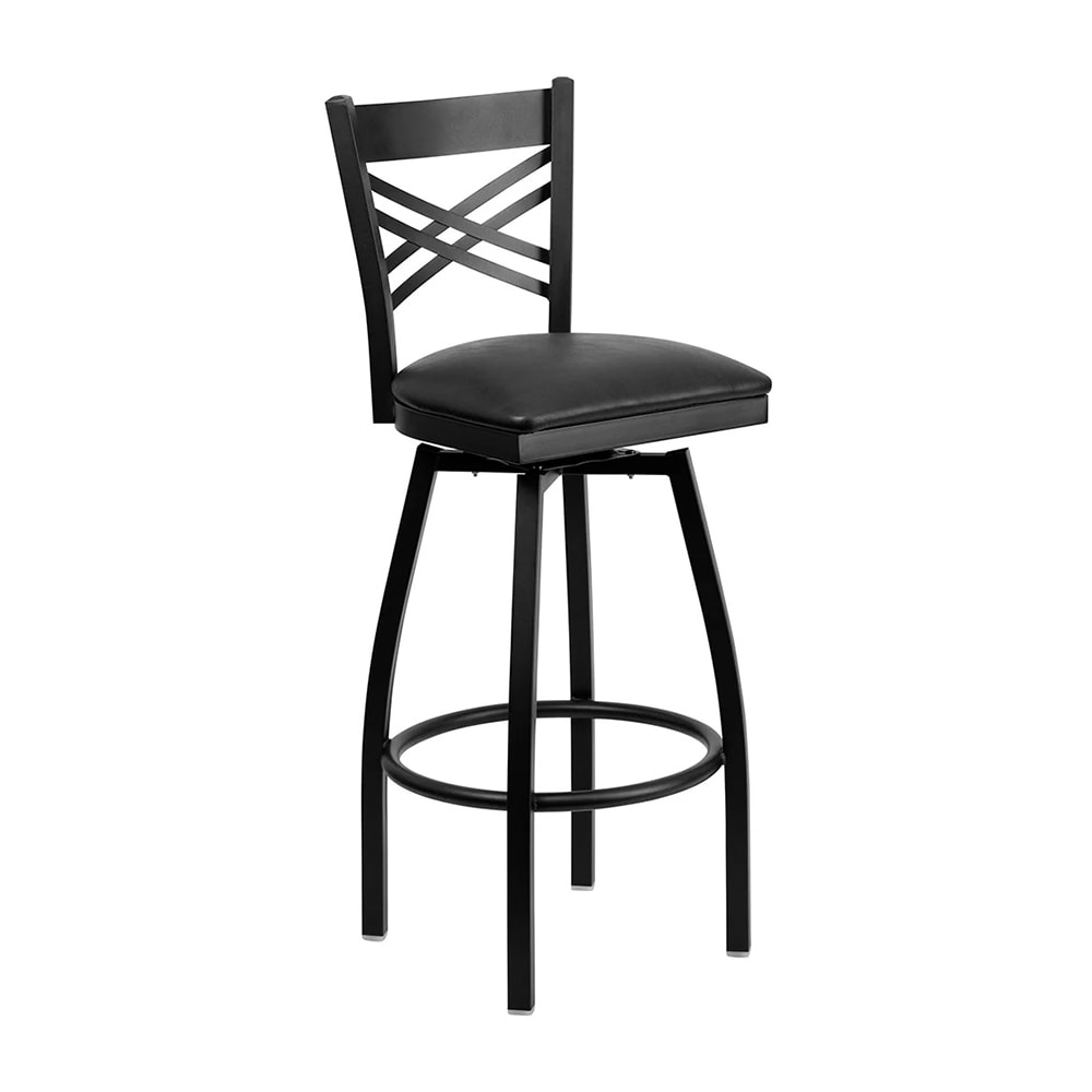 MoTak M246 Bar Stool w/ Black Powder Coated Steel Cross Back, Black Vinyl Seat