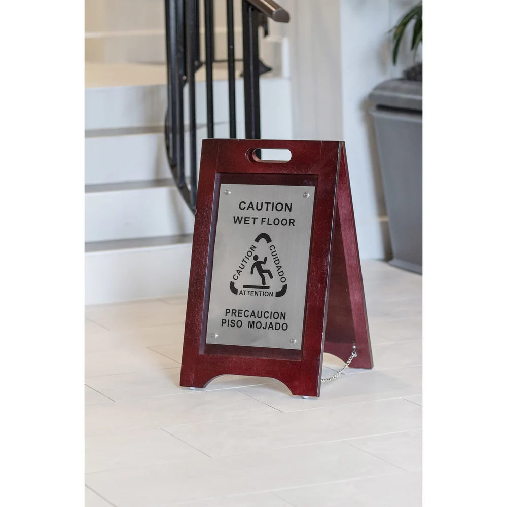 Registry Wood Bilingual Wet Floor Sign, Dark Walnut with Nickel Hardware thumbnail 5