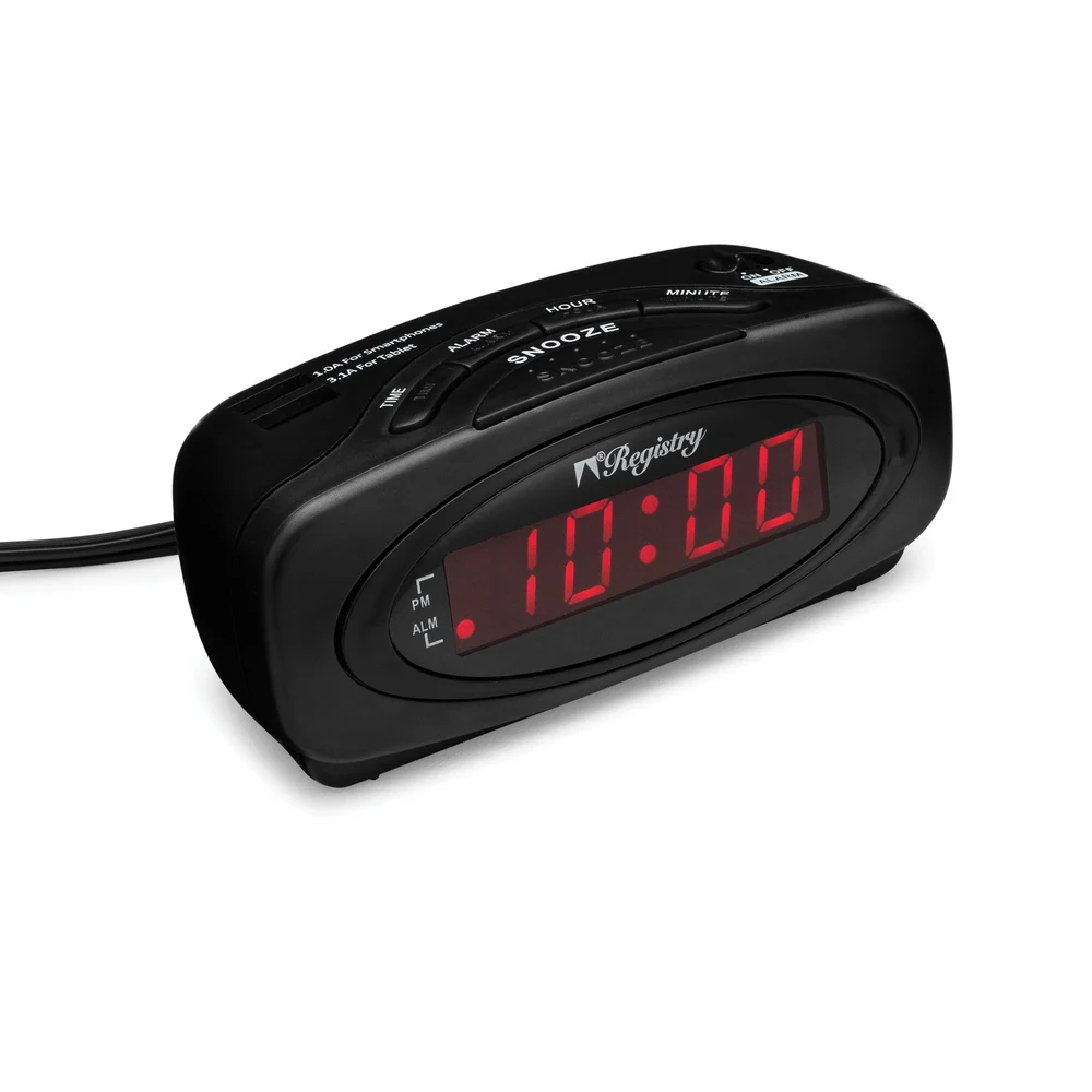 Registry Alarm Clock with 2 USB Ports, 0.6" Display, Black