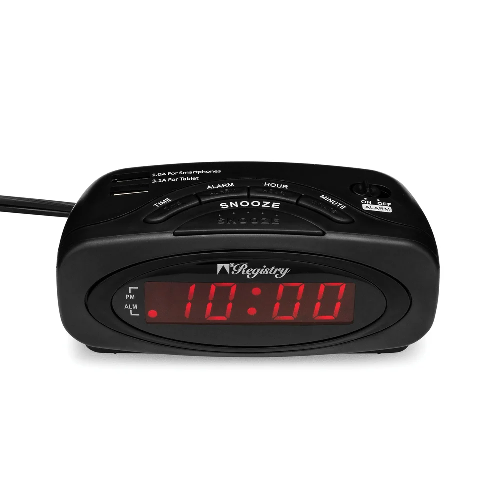 Registry Alarm Clock with 2 USB Ports, 0.6" Display, Black thumbnail 3