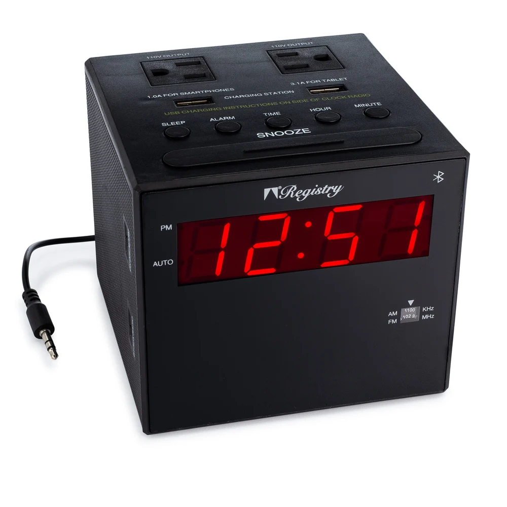 Registry Bluetooth Clock Radio with Dual USB Ports, Black