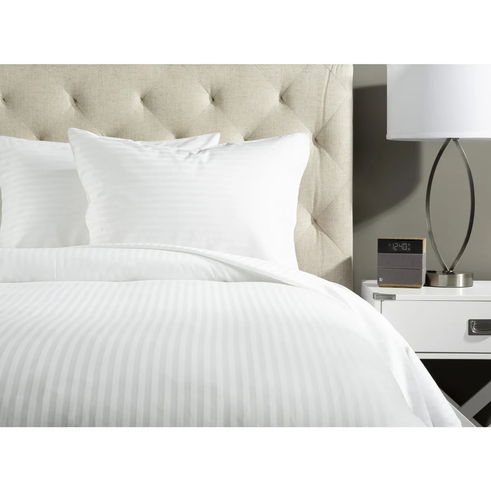 Benessere Luxury Bed Linens T300 Sateen Weave 100% Long-Staple Combed Ring-Spun Cotton Fitted Sheets, 60" x 80" x 15" Queen, Tone-On-Tone Stripe, White thumbnail 2