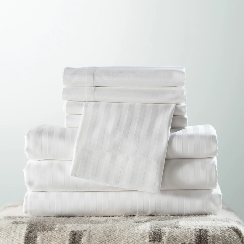 Benessere Luxury Bed Linens T300 Sateen Weave 100% Long-Staple Combed Ring-Spun Cotton Fitted Sheets, 60" x 80" x 15" Queen, Tone-On-Tone Stripe, White thumbnail 3