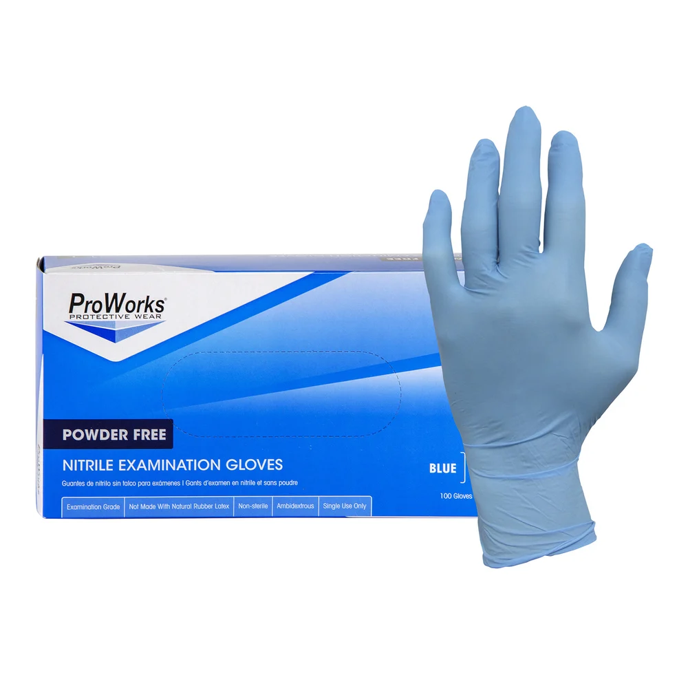 Hospeco ProWorks Disposable Powder-Free Nitrile Examination Gloves, Blue, 5-Mil, Small