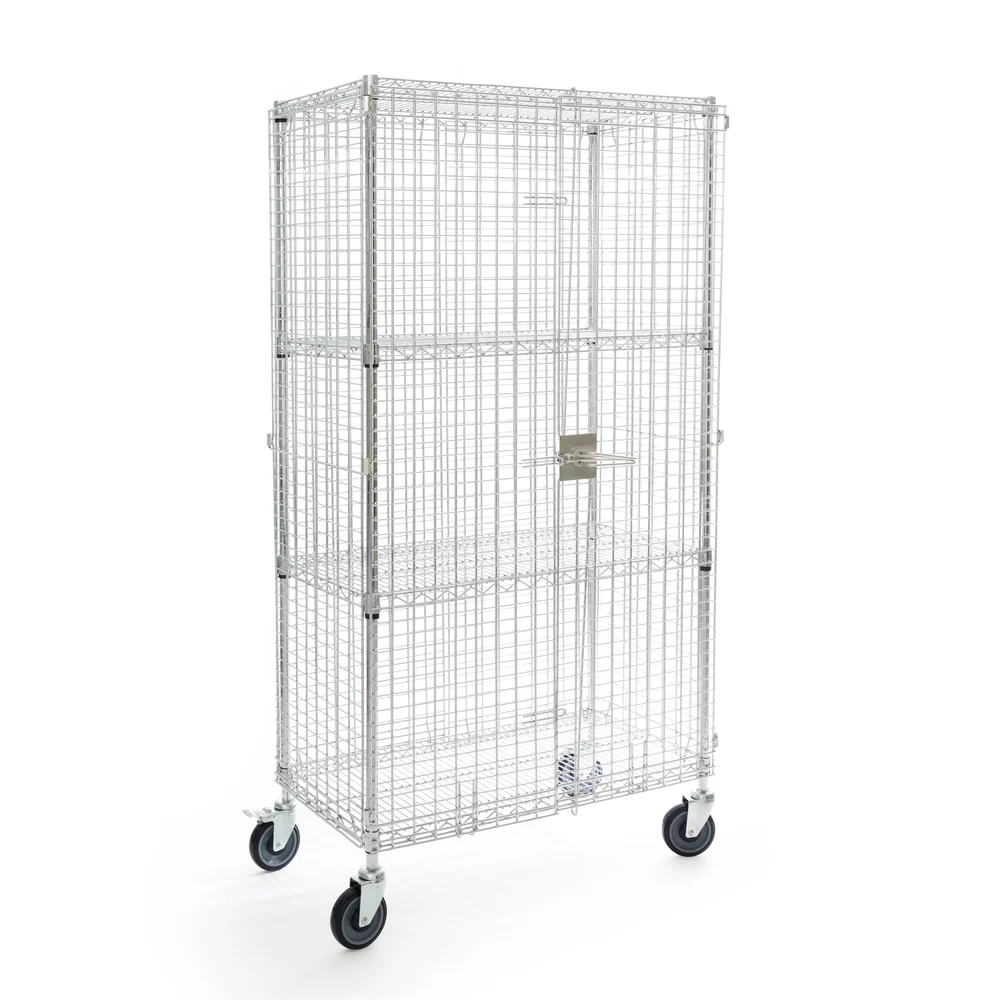 Registry Shelving Unit, Chrome, 4 Tier, Movable Security Unit, 24" D x 48" W x 64" H