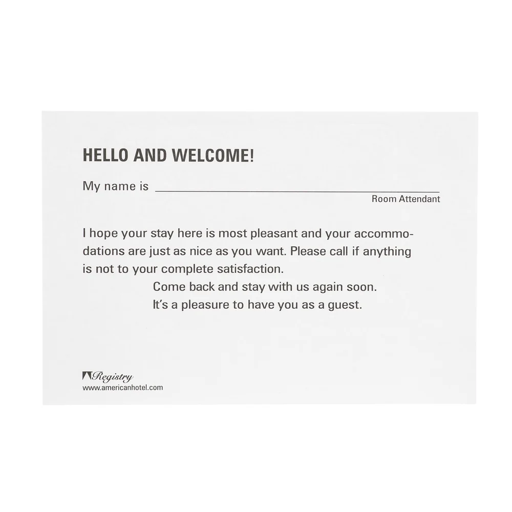 Registry Room Attendant Welcome Card, 4" x 6", 100/Pack