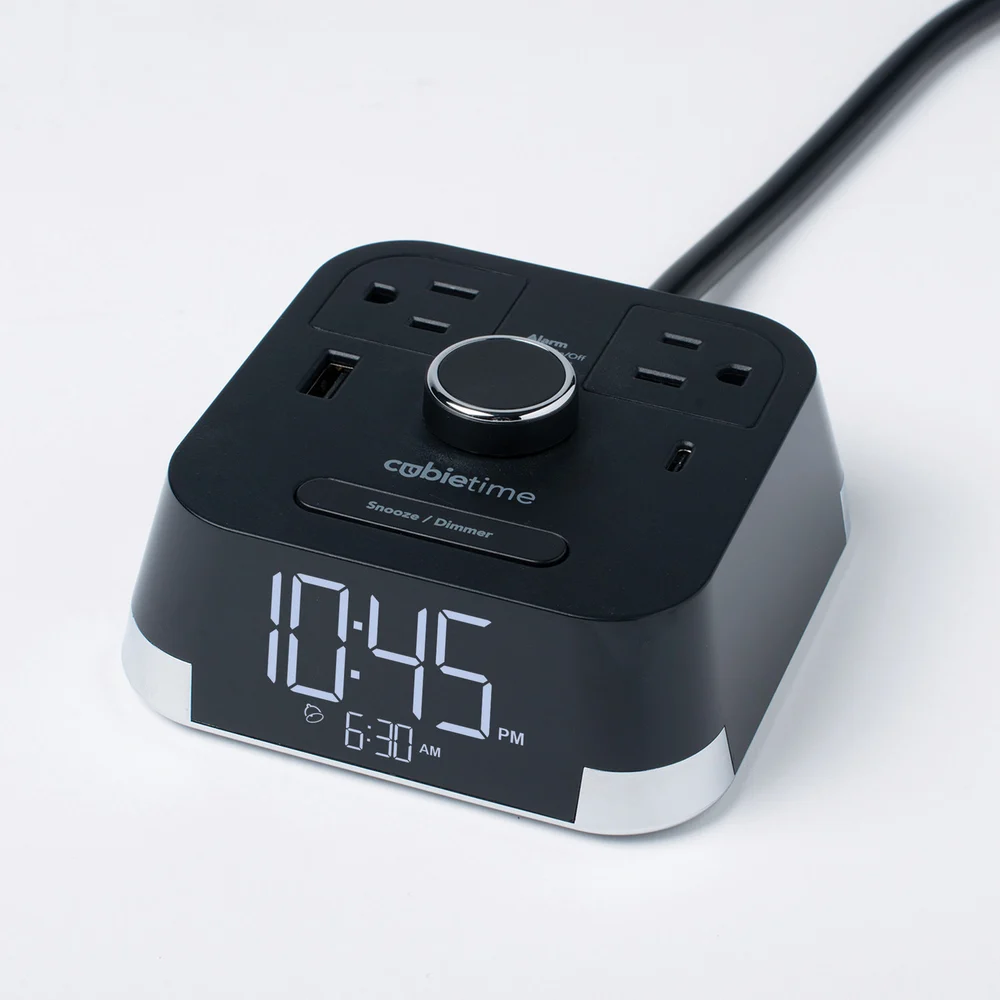 Brandstand Cubietime 2.0 Alarm Clock With 2 Power Outlets, 1 USB-A and 1 USB-C, Black