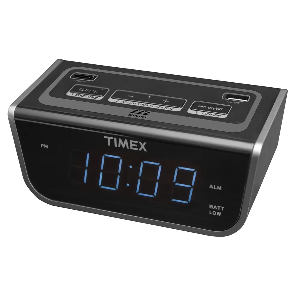 Timex Pre-set LED Alarm Clock with one USB-A and one USB-C Charging port. Model T262B. Black color