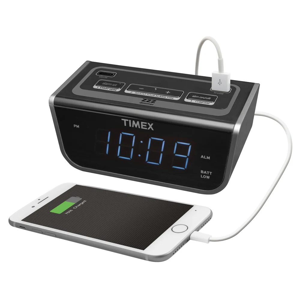 Timex Pre-set LED Alarm Clock with one USB-A and one USB-C Charging port. Model T262B. Black color thumbnail 2