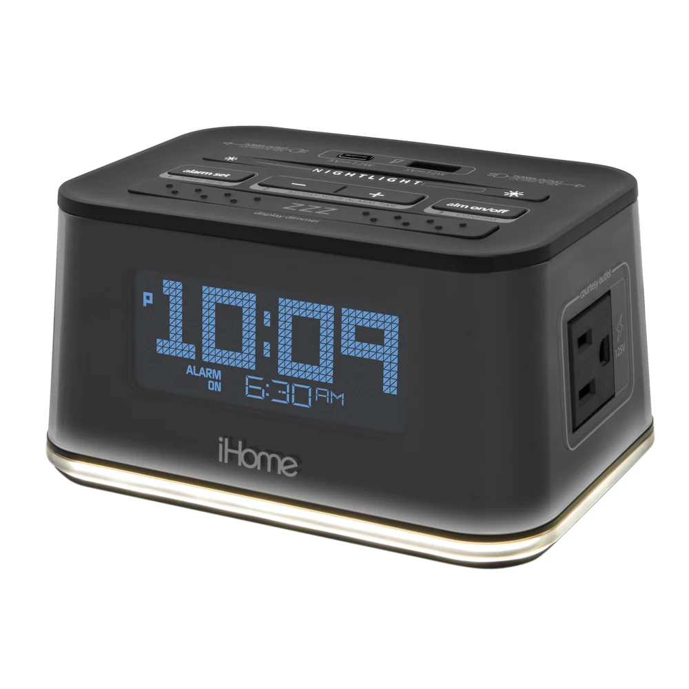 iHome Bedside Single Day Alarm Clock with Nightlight, Dual AC Outlets , one USB A port and one USB-C port, HiH50B, Black Color.