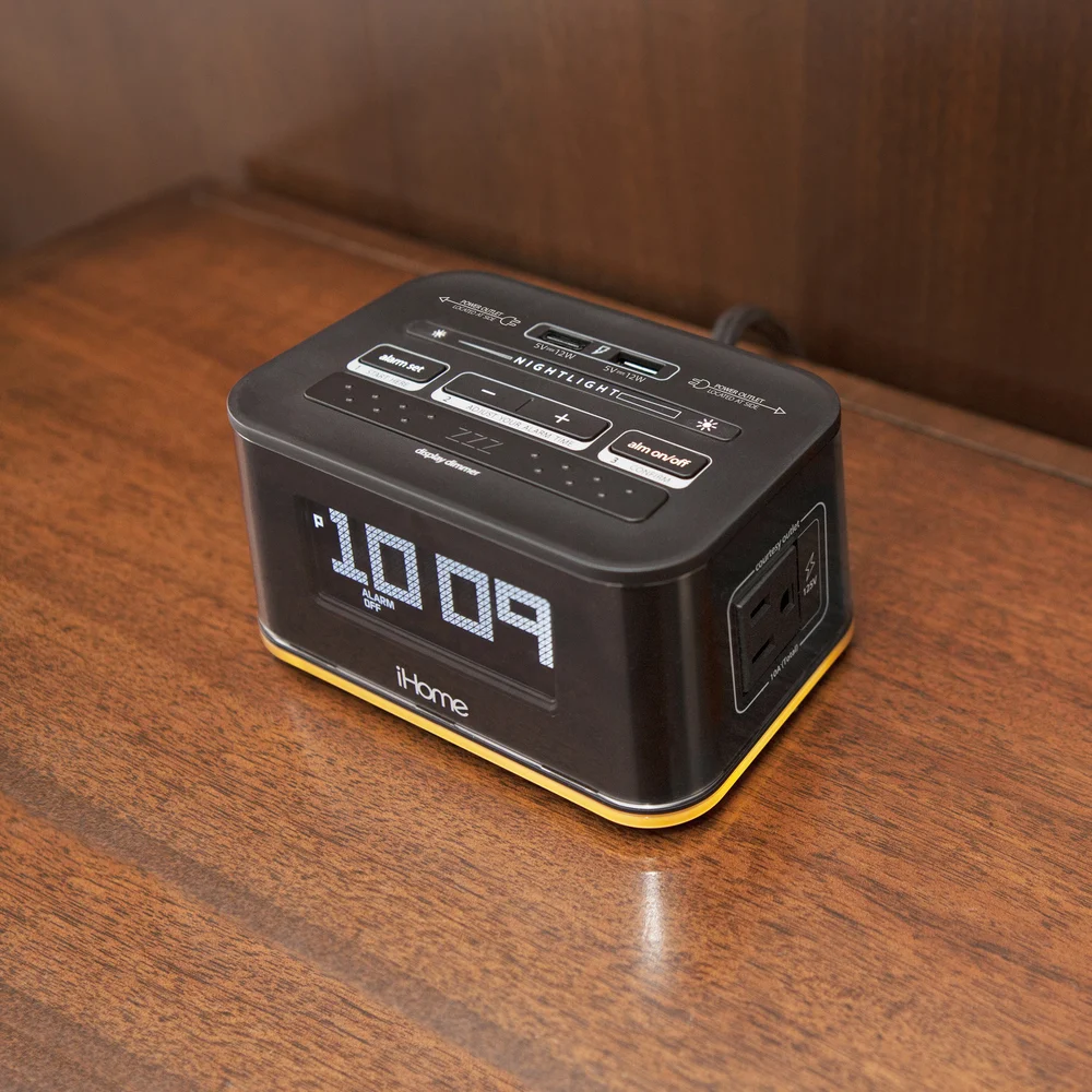 iHome Bedside Single Day Alarm Clock with Nightlight, Dual AC Outlets , one USB A port and one USB-C port, HiH50B, Black Color. thumbnail 2