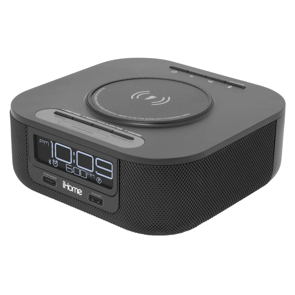 iHome Single Day Alarm Clock with Qi Wireless Charging, Bluetooth Bedside Stereo Speaker, one USB-A and one USB-C Charging. Model HW5B, Black Color
