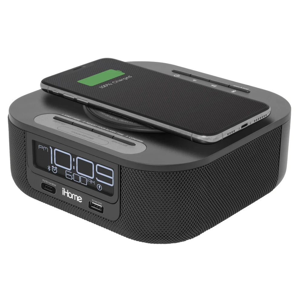 iHome Single Day Alarm Clock with Qi Wireless Charging, Bluetooth Bedside Stereo Speaker, one USB-A and one USB-C Charging. Model HW5B, Black Color thumbnail 2