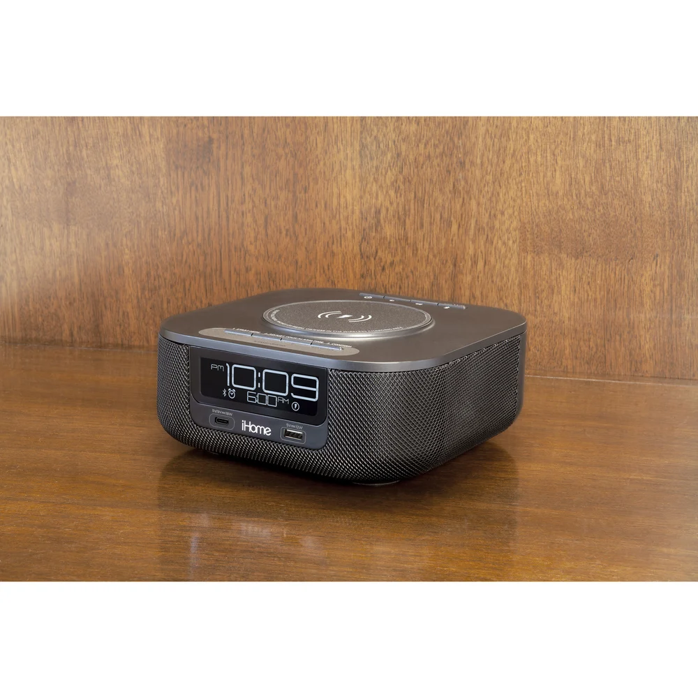 iHome Single Day Alarm Clock with Qi Wireless Charging, Bluetooth Bedside Stereo Speaker, one USB-A and one USB-C Charging. Model HW5B, Black Color thumbnail 3