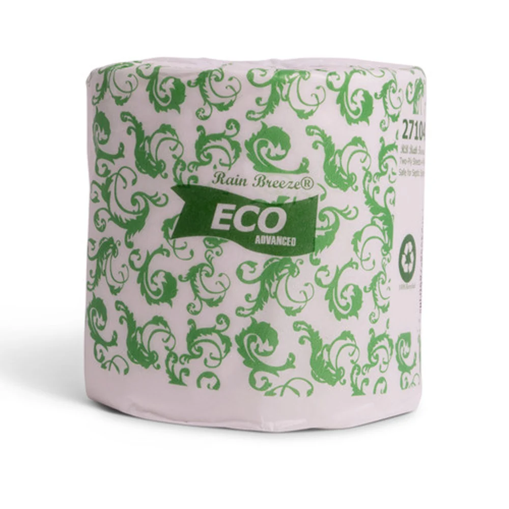 Rain Breeze Eco Advanced 2-Ply Virgin Fiber Bath Tissue, 450 Sheets per Roll, 96/Case