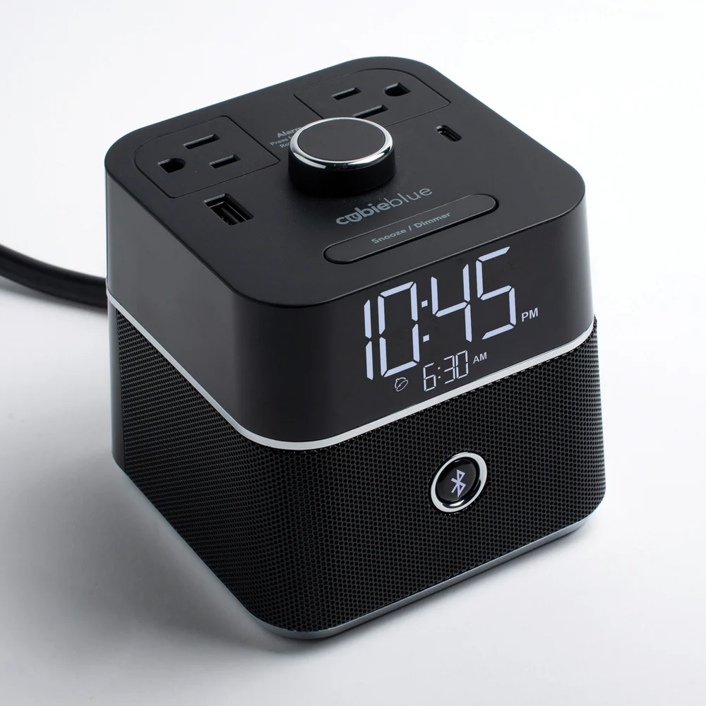 Brandstand CubieBlue 2.0 Alarm Clock with Bluetooth, USB-A, USB-C and Power outlet, Black