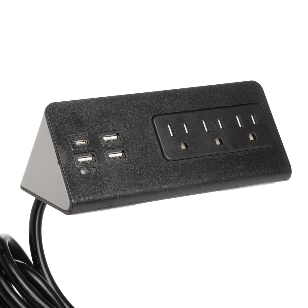 Registry Desk/Nightstand Charging Station with 1 USB-C (PD) Fast charging port, 3 USB-A ports and 3 Power Outlets, Black. thumbnail 2