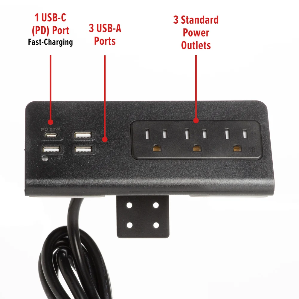 Registry Desk/Nightstand Charging Station with 1 USB-C (PD) Fast charging port, 3 USB-A ports and 3 Power Outlets, Black. thumbnail 4