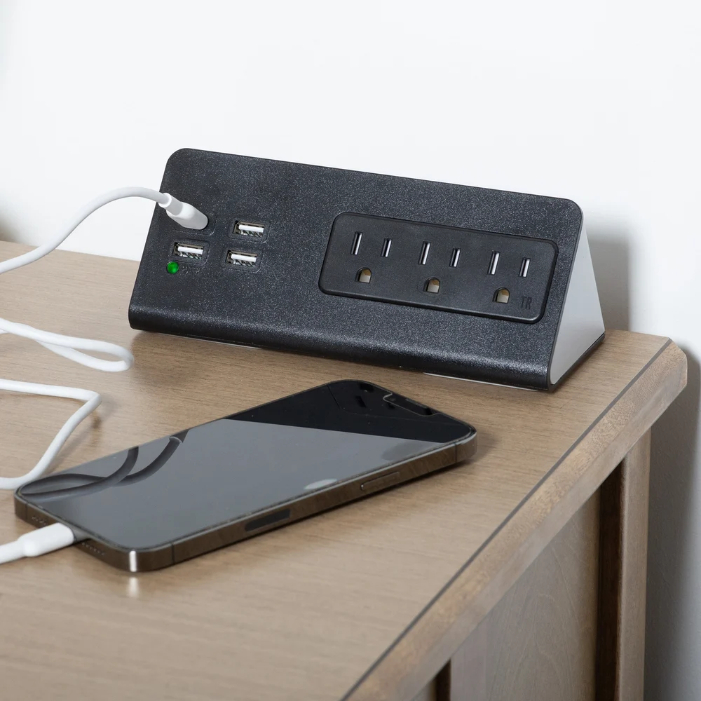 Registry Desk/Nightstand Charging Station with 1 USB-C port, 3 USB-A ports and 3 Power Outlets, Black.