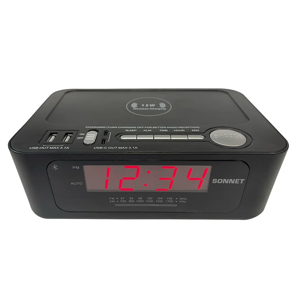 Sonnet  LED AM/FM Alarm Clock Radio with Wireless Charging Station , 2 USB-A & 2 USB-C ports, Black