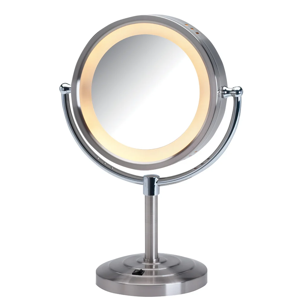 Jerdon Table Top Lighted Vanity Mirror, 5x Magnification, Nickel, 8.5" Dia.